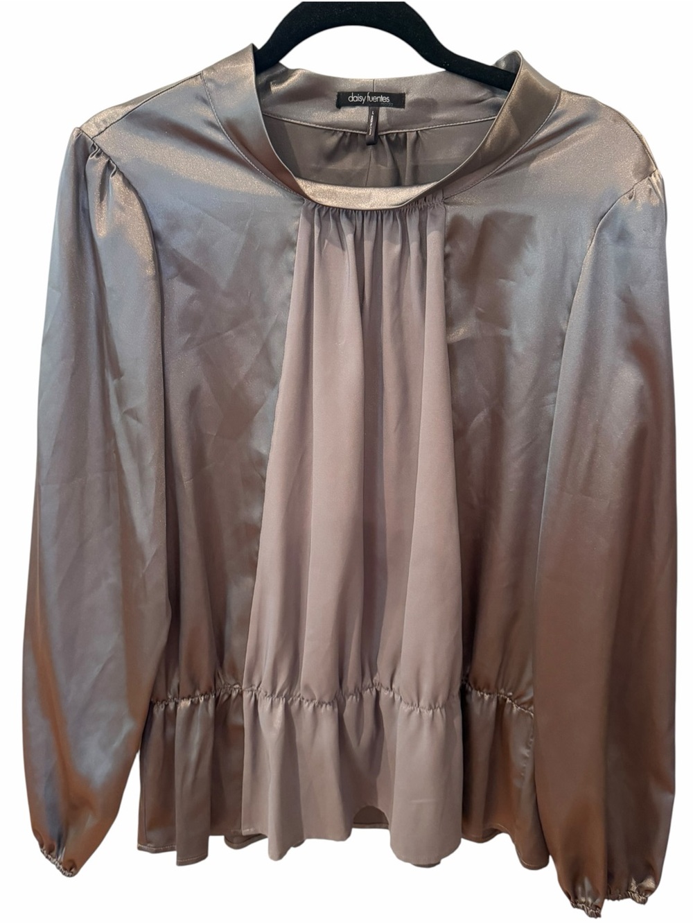 Daisy Fuentes Sterling Gray Satin Peplum Blouse Long Sleeve Large